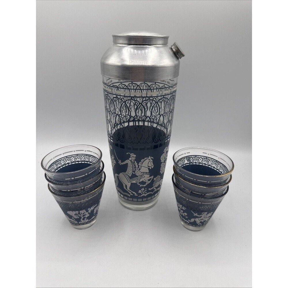 Vintage Hazel Atlas Arabian Knights Cocktail Shaker & 6 Glasses Blue Barware